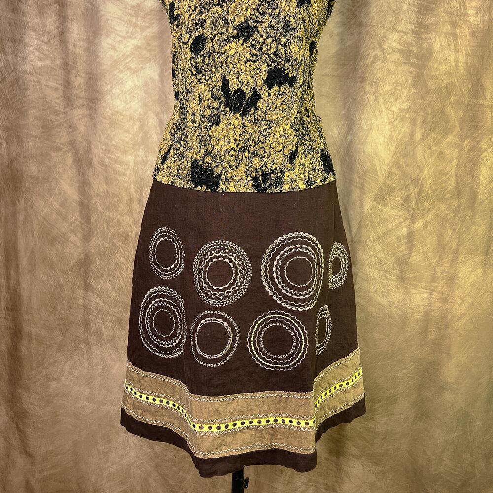 Geometric Embroidered Midi Skirt Patchwork Circle Brown Vintage 90s Talbots Y2K